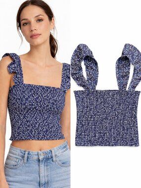 We’re All Pretty Girls Smocked Crop Top Blue Floral Ruffle Strap M